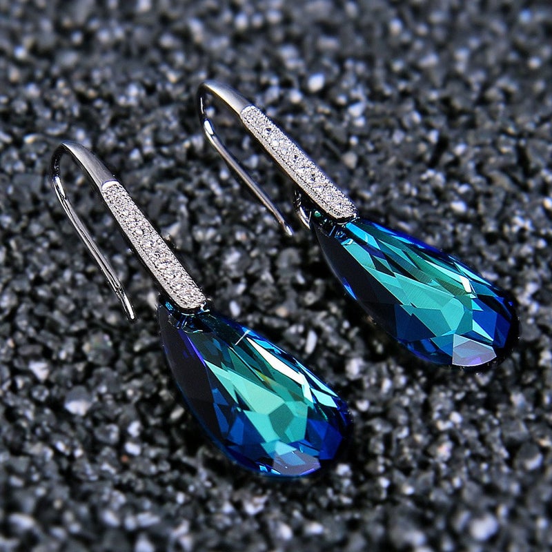 EleQueen 925 Sterling Silver CZ Teardrop Hook Dangle Earrings Bermuda Blue Made with Austrian Crystals, Valentine's Day/Mother's Day/Christmas Jewelry Gift - Image 5